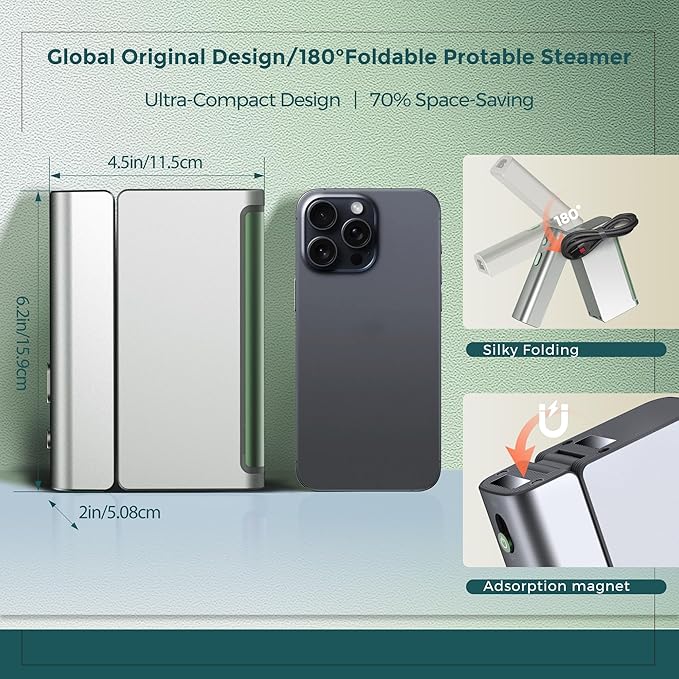 1200W Travel Steamer for Clothes Portable Mini, Dual Voltage (110-220V), Foldable Clothes Steamer and Iron, Compact Garment steamer,15s Fast Heat-Up, Pluggable Cable, Worldwide Travel (Green)