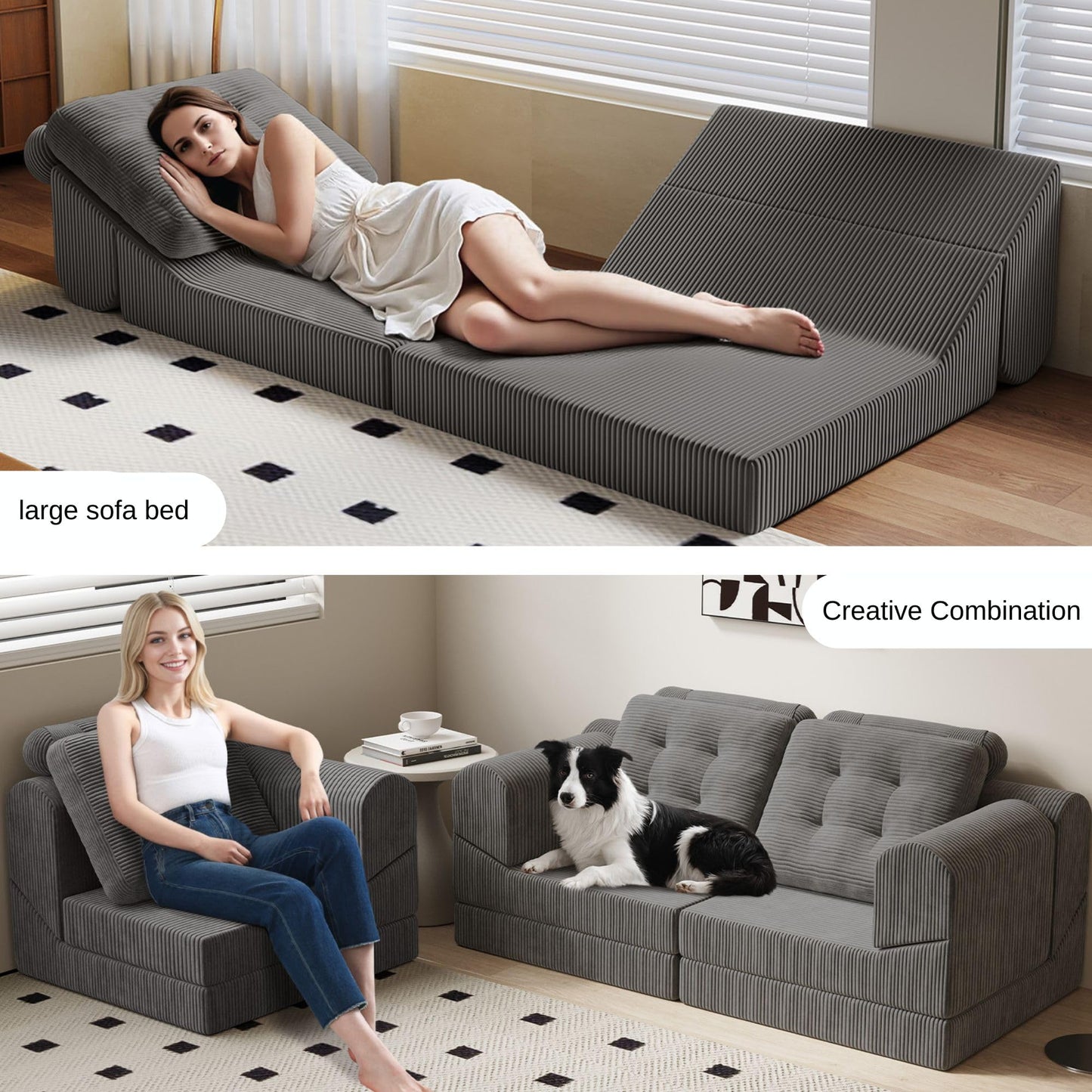 COMAX Folding Sofa Bed, 8-in-1 Foldable Floor Couch Corduroy Convertible Futon Sofa, Fold Out Chair Bed Sleeper Mattress Comfy Portable Lounge Loveseat Guest for Living Room Bedroom, Dark Grey