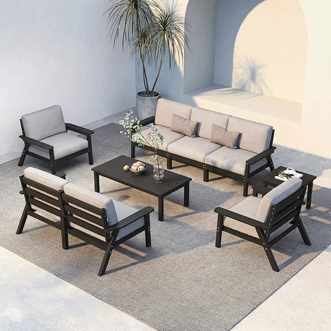 Patio Kingdom HDPE 7 Piece Patio Furniture Set, HDPE Outdoor Sectional with with Gray Thick Cushions, Coffee Table and Side Table, Patio Conversation Sets for Lawn, Garden, Porch (Black Frame)
