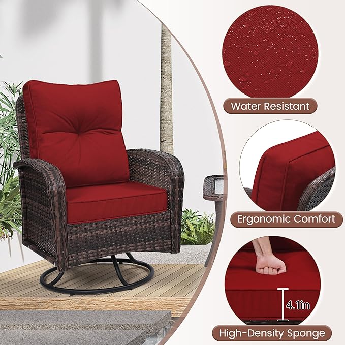 wildformers Luxury Outdoor Swivel Wicker Glider Patio Chairs with Table Set, Overstuffed Washable Cushions, Ideal for Porch, Balcony, Deck, Brown Rattan and Red Cushion