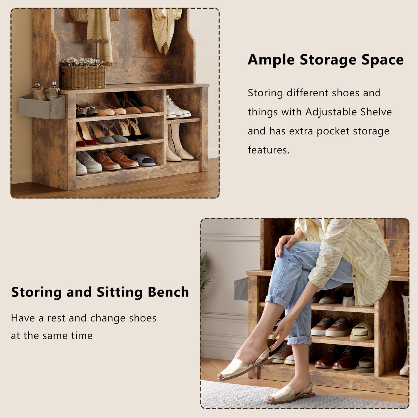 Aiho Entryway Hall Tree with Bench and Storage, 3-in-1 Hall Tree with Coat Rack, Adjustable Shoe Bench, 2-Tier top Storage, for Hallway, Entryway, Bedroom, Rustic Brown