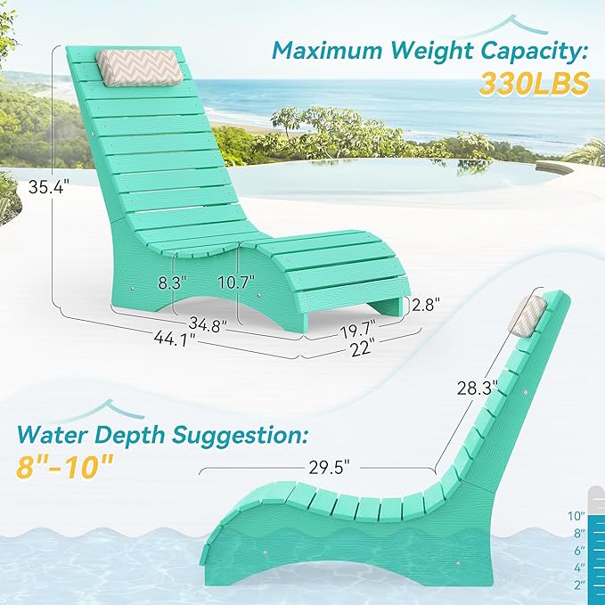 Homenjoy HDPS Pool Lounge Chairs Set of 2, Use in Pools Lounge Chairs up to 10-Inches of Water, Chaise Chairs with Headrest, Lounge Chair Outdoor, Fade-Resistant Pool Lounger for Deck