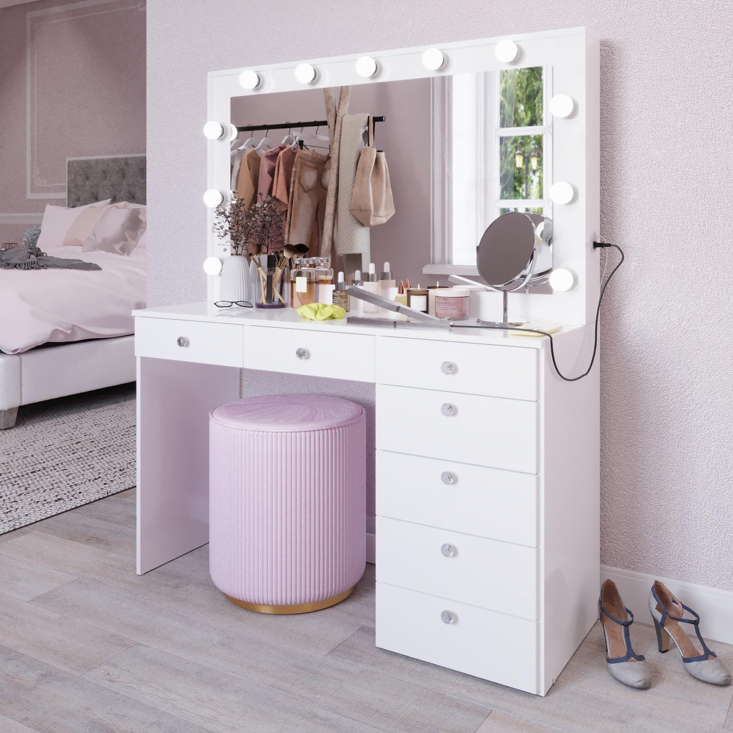 Boahaus Diana Premium White Makeup Vanity Desk with New Built-in Lights, 7 Drawers, USB Type-C & Type-A Ports, 110V Power Outlet, and Crystal Knobs – Upgraded Vanity Table for Bedroom