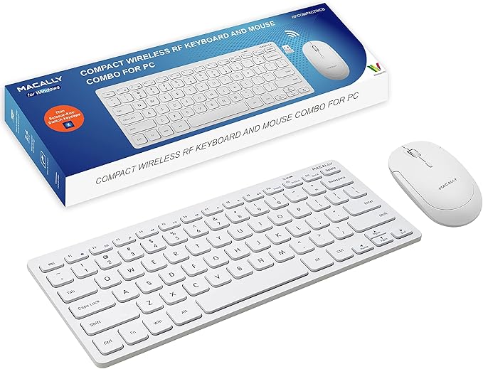 Macally White Wireless Keyboard and Mouse Combo - Quiet Productivity Duo - 2.4G Small Keyboard and Mouse Wireless - 78 Key Quiet Cordless Compact Mouse and Keyboard Combo with Mini Body