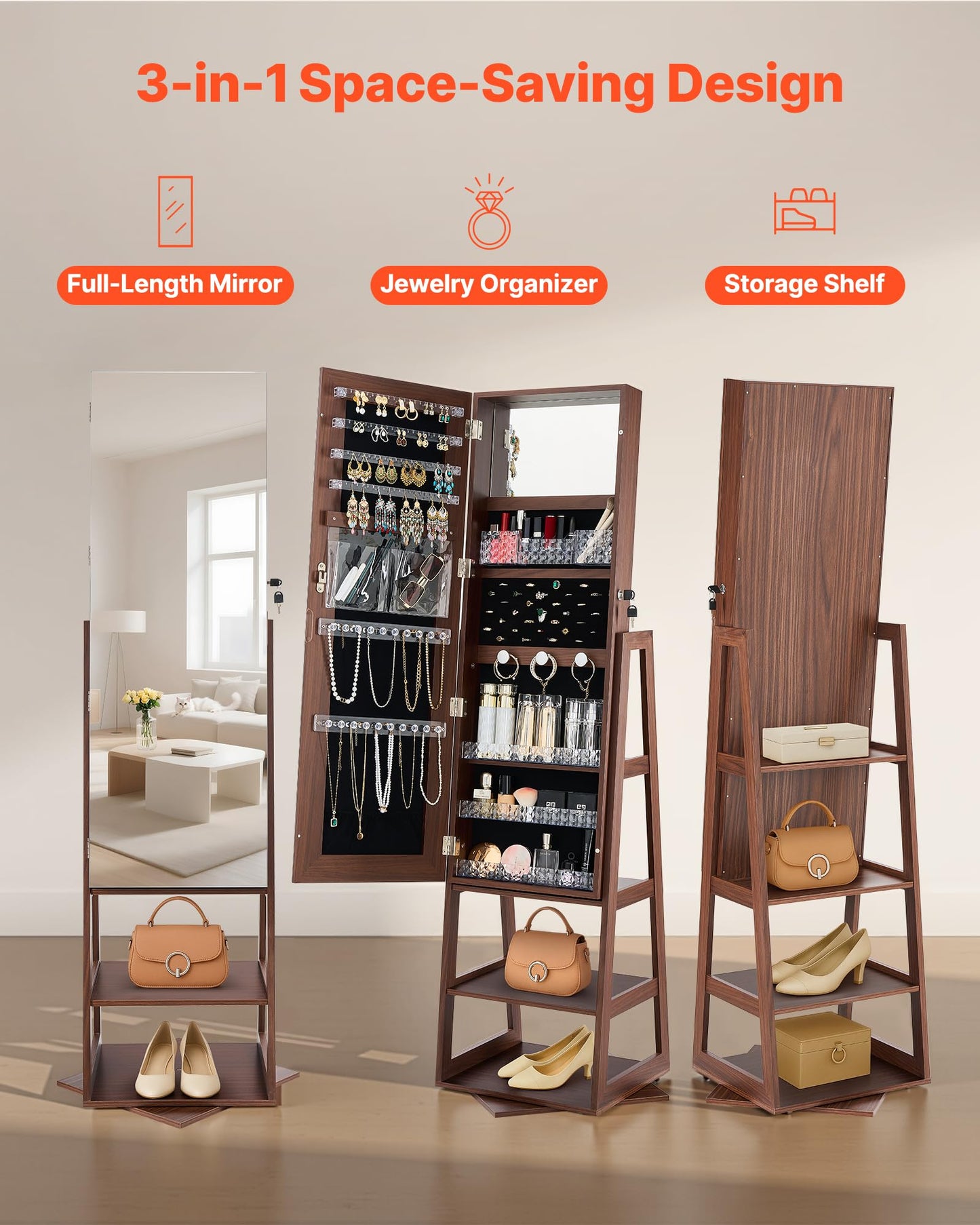 VEVOR 360° Swivel Jewelry Cabinet, 61-inch Tall, Full-Length Mirror with Storage, Standing Rotatable Jewelry Armoire Organizer, Lockable Door with 2 Keys, Accessory Pouches, and Storage Shelves