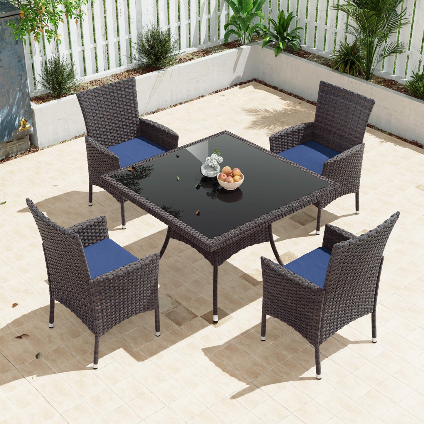 Gotland 5-Piece Indoor/Outdoor Dining Table Set, Garden Patio Rattan Set with w/Tempered Glass Tabletop with Removable Cushions and Umbrella Cutout for Patio, Backyard,4 Chairs - Navy