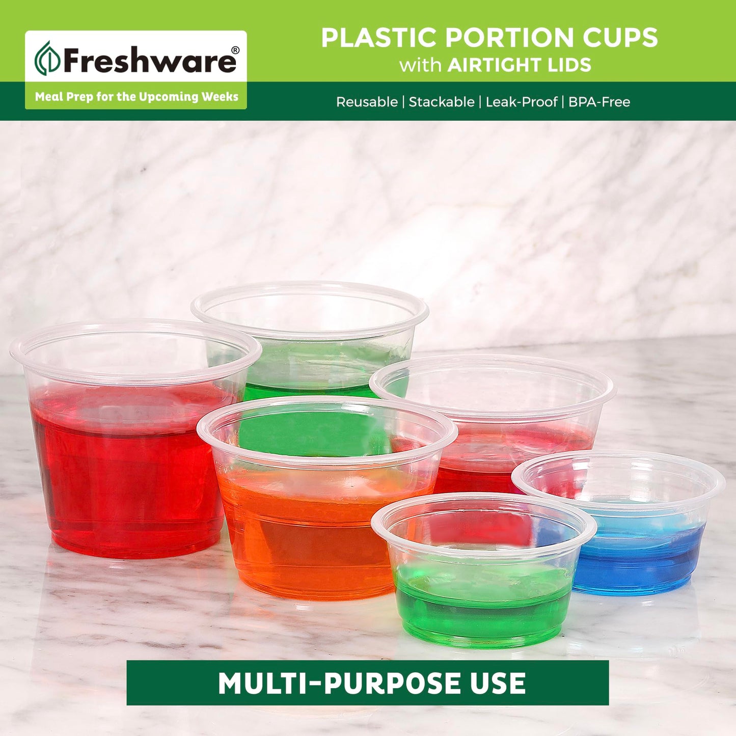 Freshware Plastic Portion Cups with Lids [1 Ounce, 200 Sets] Disposable Plastic Cups for Meal Prep, Salad Dressing, Jellos Shot Cups, Souffle Cups, Condiment and Dipping Sauce Cups