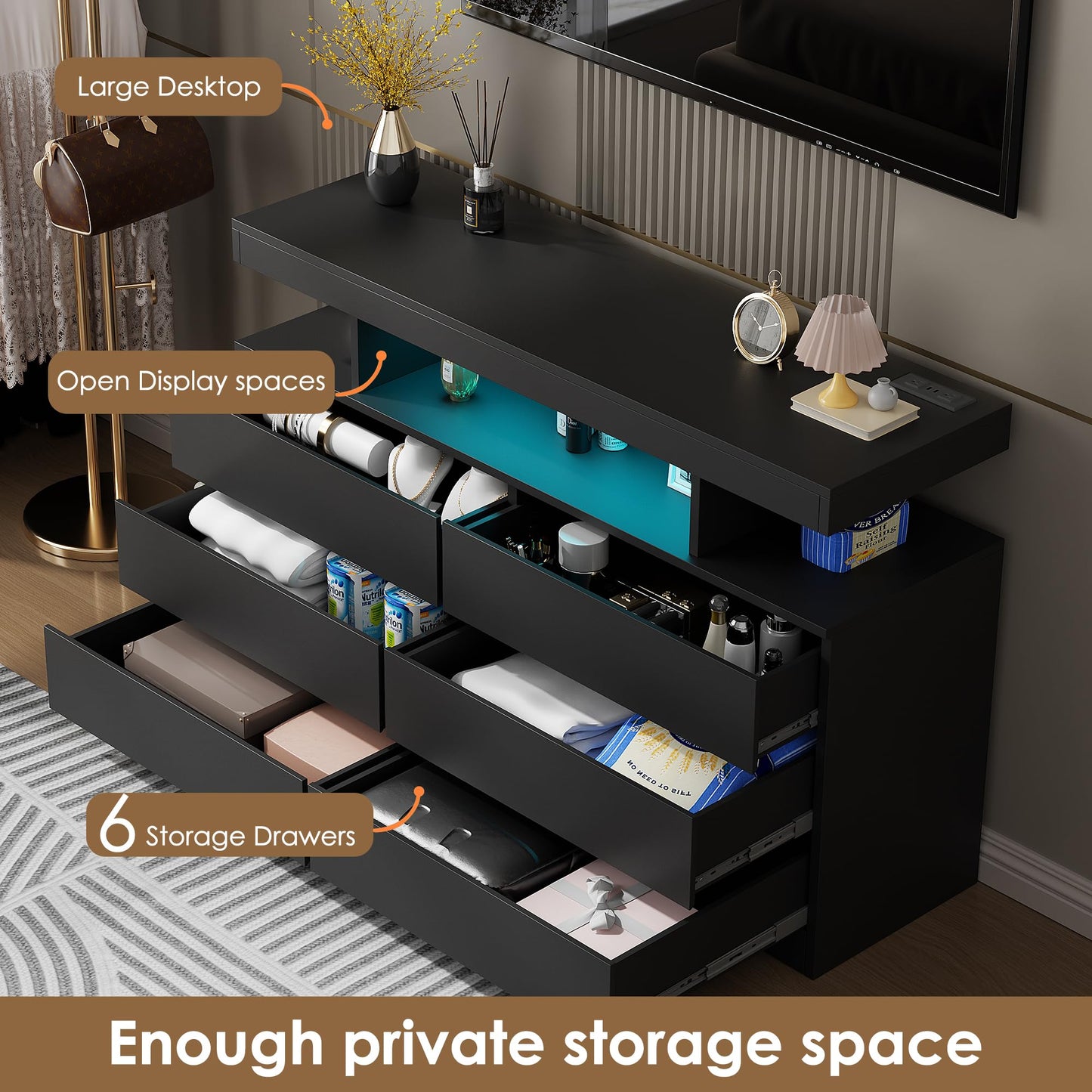BEWISHOME Black Dresser for Bedroom with Charging Station and LED Lights, 6 Drawer Dresser Chests of Drawers, Wood Dressers for Closet, Modern Wide Dressers with Open Space, TV Stand, Black KCG02B