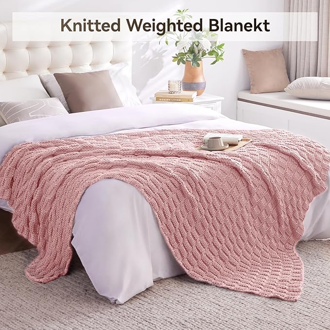 Knitted Weighted Blanket Adult, No Beads Heavy Blanket 48” x 72'' 15lbs, Breathable Chunky Knit Blanket, Cooling Weighted Blanket for Hot Sleepers, Christmas Home Decor (HoneyPink)