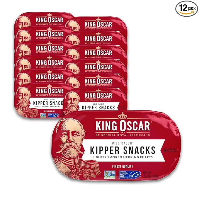 King Oscar Kipper Snacks, 3.54 Ounce Cans (Pack of 12), Lightly Smoked Herring Fillets, Wild Caught Canned Herring