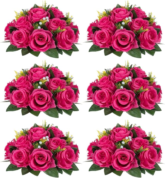 NUPTIO Flower Ball for Table Centerpieces: 6 Pcs Hot Pink Artificial Rose Kissing Balls for Wedding Party Valentine Tables - Faux Silk Floral Arrangements for Home Dining Event Decorations