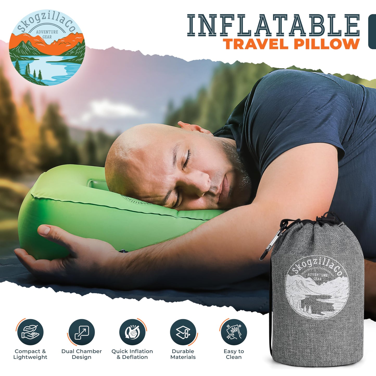 TrailNeck 1.0 Inflatable pillow, compact, portable, packable camp pillow, camping essentials, backpacking gear, hiking, deployments, car or plane travel pillow, beach, firm side sleeper pillows