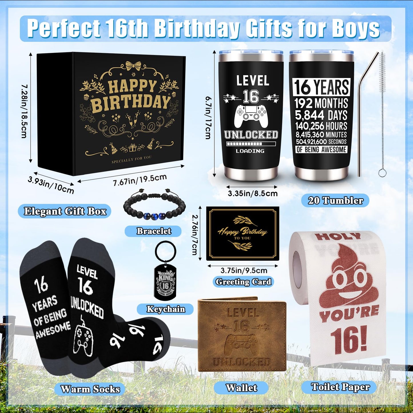 JTAMOHI 8 Pcs Happy 16th Birthday Gifts for Boys, 16 Year Old Boy Birthday Gifts Ideas with 20 Oz Tumbler, Funny Socks, Toilet Paper, Teen Wallet, Bracelet, Keychain for Son, Nephew, Grandson, Brother