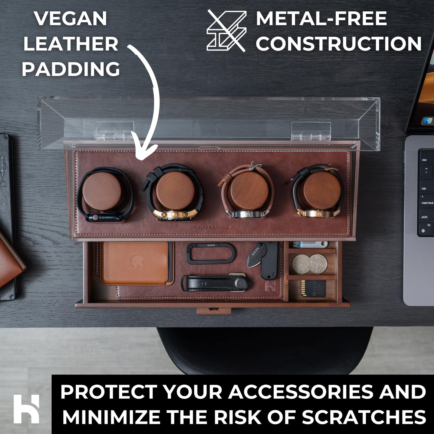Holme & Hadfield Premium 4-Slot Wooden Watch Display Case – Handcrafted Men’s Watch Box with Accessory Drawer, Hinged Cover, Leather Lining – Birthday Gift for Collectors – Luxury Built to Last