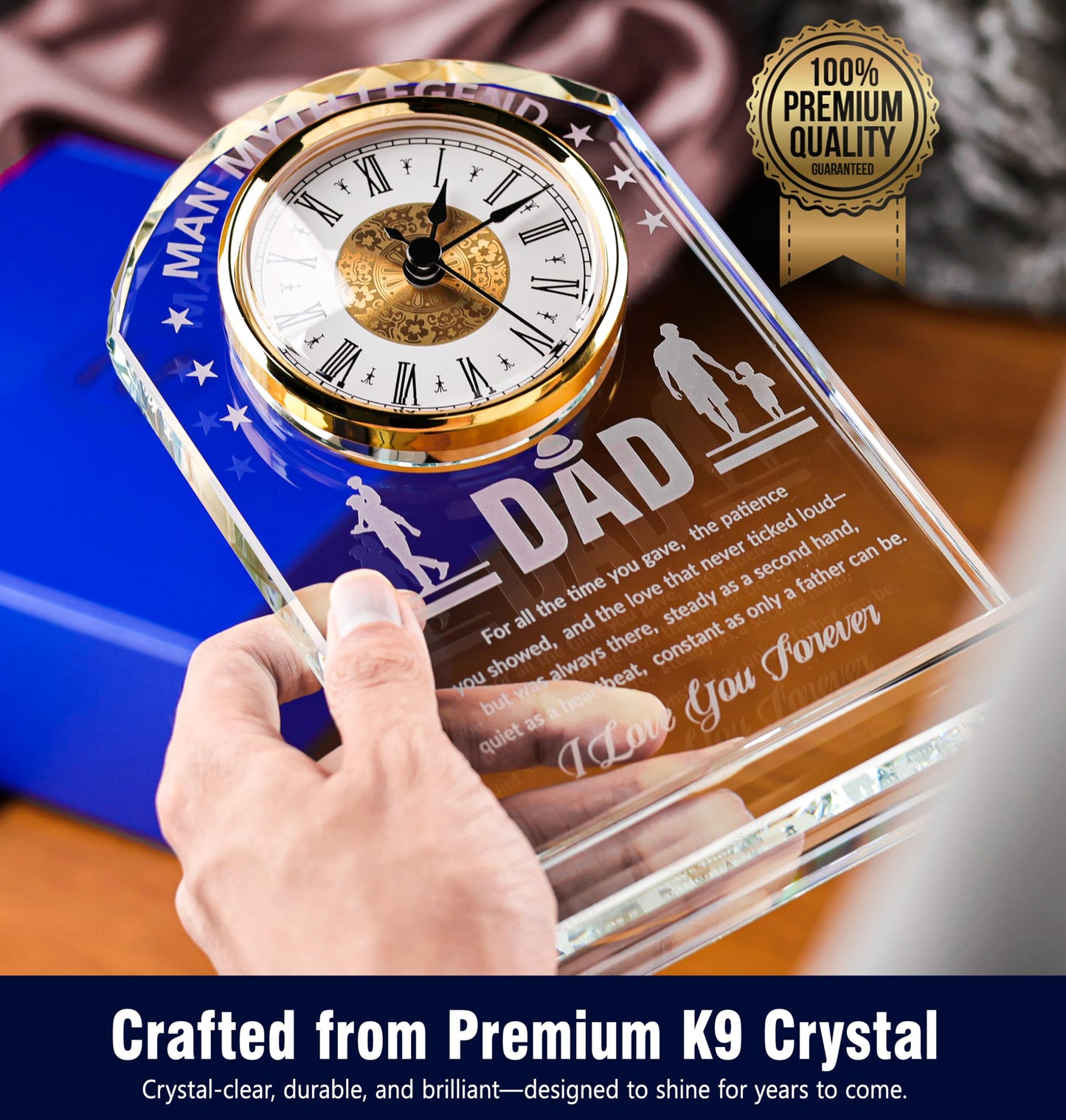 Sttokilly Dad K9 Crystal Clock Gifts from Daughter or Son,Elegant Desk Clock with Base for Father‘s Day,Birthday Gift Idea for Dad Who Wants Nothing，Sentimental Keepsake Present for Father