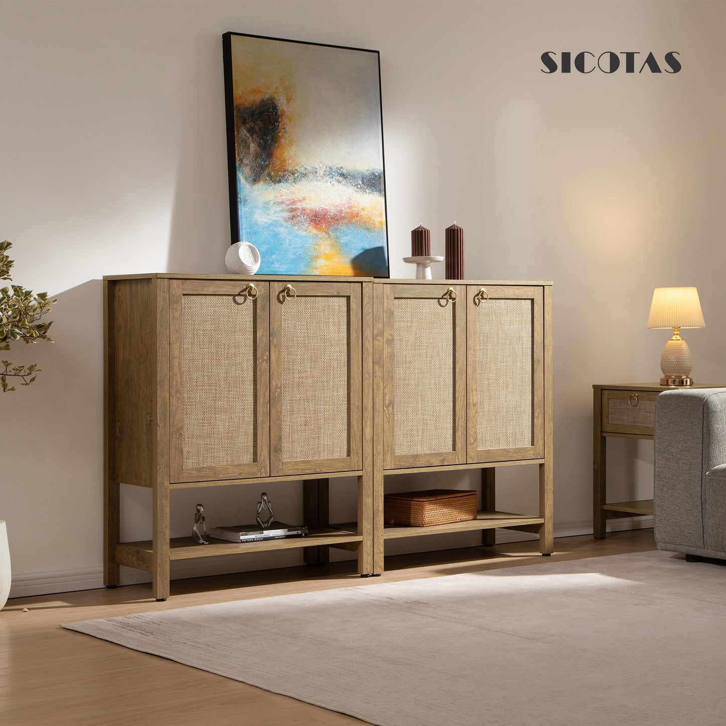 SICOTAS Rattan Shoe Cabinet with Storage - 5 Tier Farmhouse Boho Shoe Organizer Storage Cabinet with Shelves & Doors, Tall Shoe Rack Cabinet for Entryway, Living Room, Closet (Carbon Cherry)