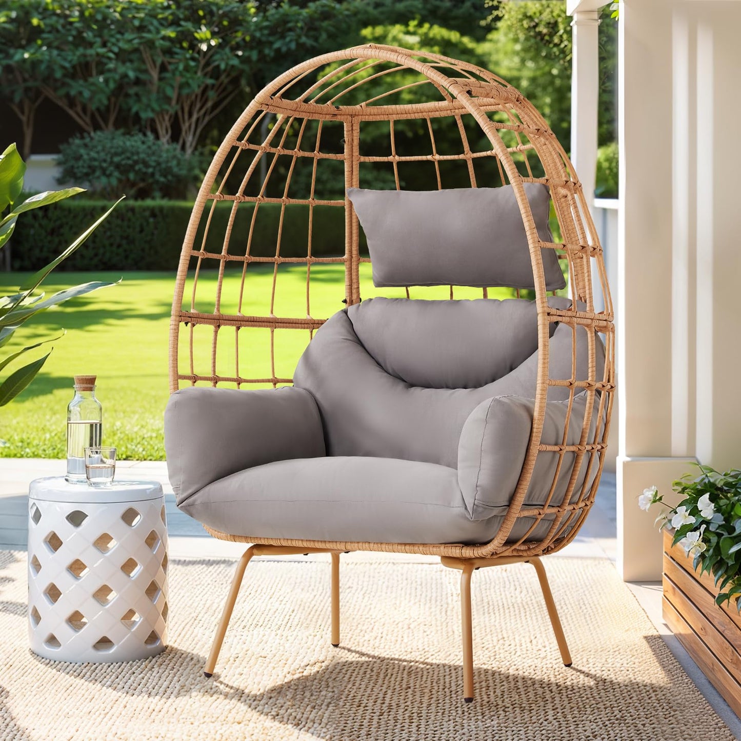 ONBRILL Oversized Egg Chair, Indoor Outdoor Egg Rattan Chair with PE Rattan, Steel Frame and Detachable Cushions, Wicker Lounger for Patio, Pool, Living Room, Bedroom - Grey