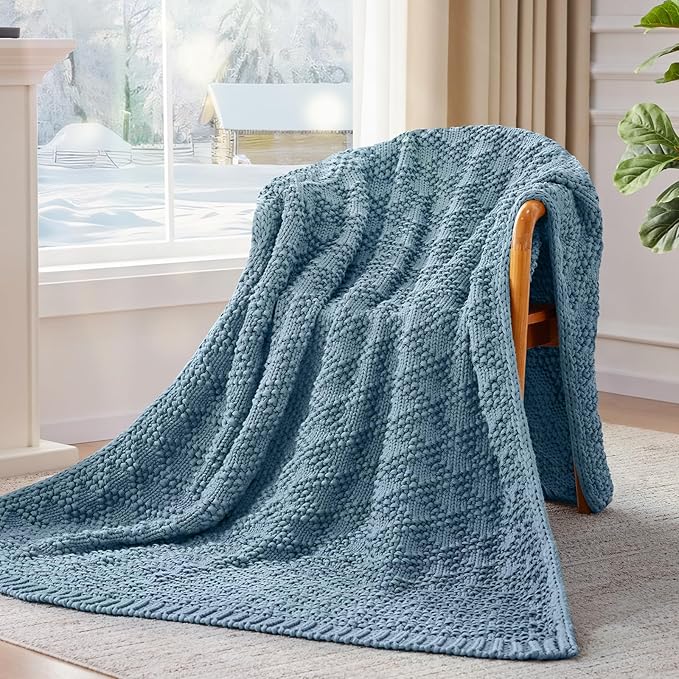 Knitted Weighted Blanket for Adult, Chunky Knit Weighted Throw for Sleep 50"*60" 7lbs, Cooling Breathable Heavy Blanket for Hot Sleepers, Machine Washable Blanket for Room Decor(HazeBlue)