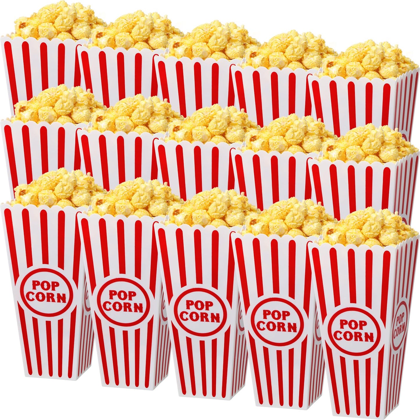 Yuxung Plastic Popcorn Boxes Red and White Striped Popcorn Buckets Bulk Reusable Open Top Containers for Movie Night, Classic Retro Style, 7.7 x 3.9 x 2.4 Inch(15 Pcs)