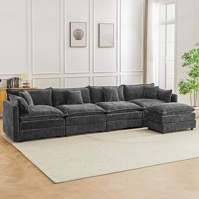 saows Modular Sectional Sofa, 147.2 Inch L Shaped Couch Set with Armrests, 4-Seater Comfy Cloud Couches with Movable Ottoman for Living Room Apartment, Grey