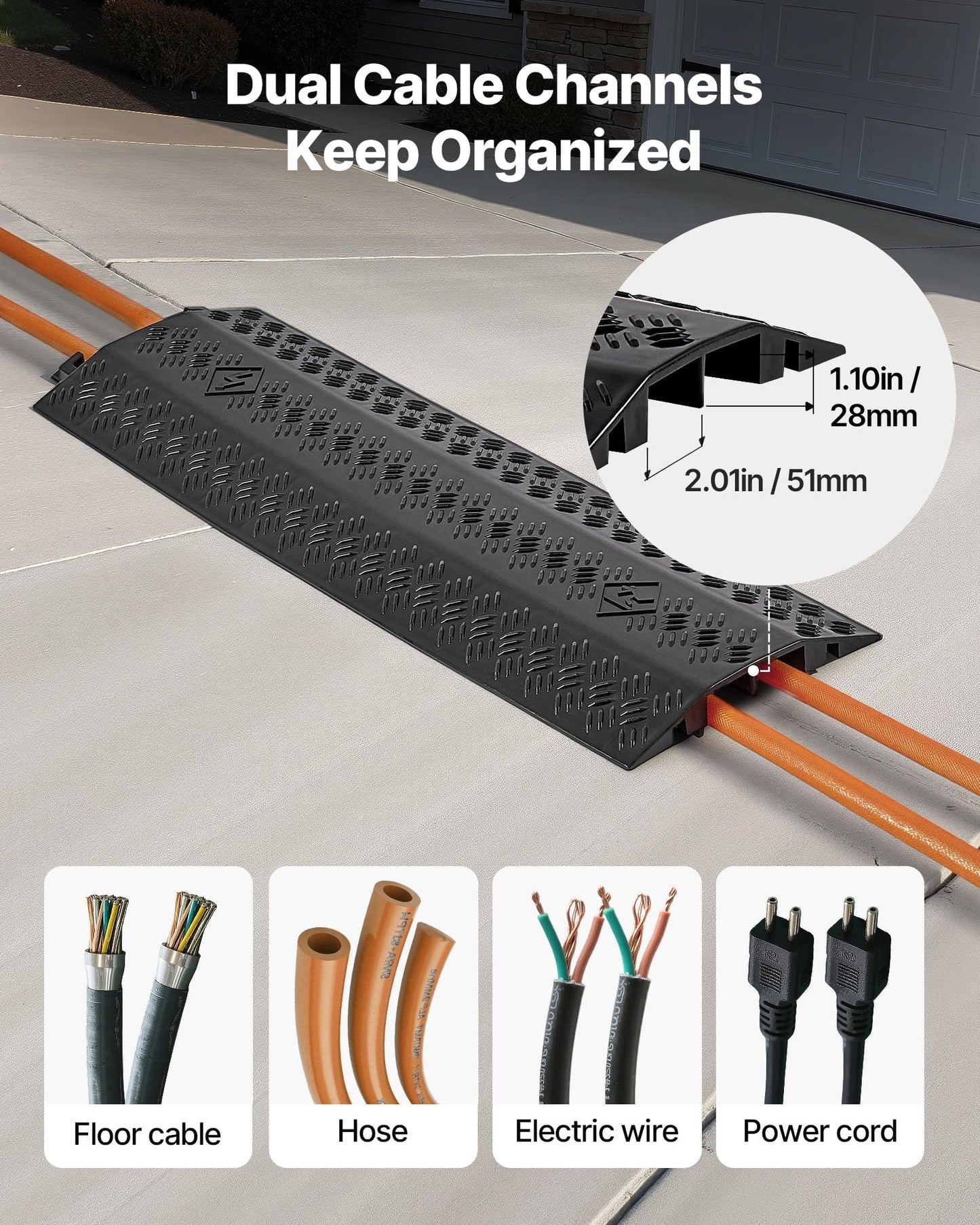 Vevor 2 Pack Drop Over Cable Cover, 2 Channel Heavy Duty Cable Hose Protector Ramp, 38.3 Floor Cord Cover, 17,500 Lbs/Axle Loa