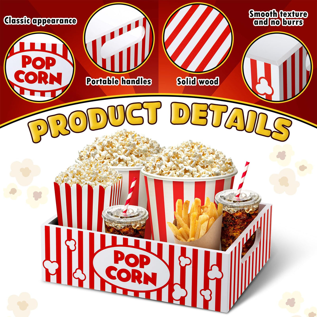 GlikCeil Movie Night Supplies Snack Trays with Handles Reusable Wooden Movie Gift Basket for Theater Popcorn Bucket Bowl Box Container Family Room Decor(Striped)