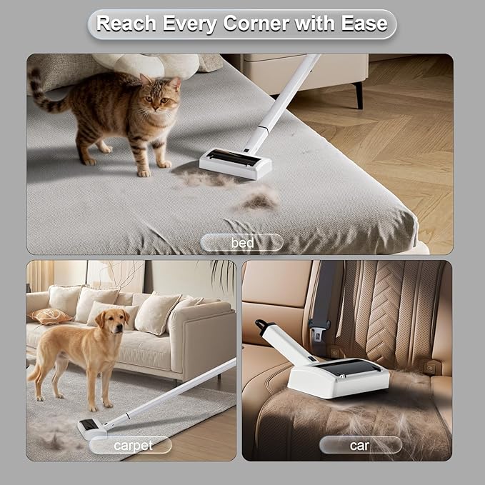 Electric Carpet Rake & Pet Hair Remover Tool - 5-Section Extendable Handle Motorized Dog & Cat Hair Removal for Carpets, Hardwood Floors, Car Trunk, Sofa, Rugs, Cat Bed & Laundry (White, Electric)