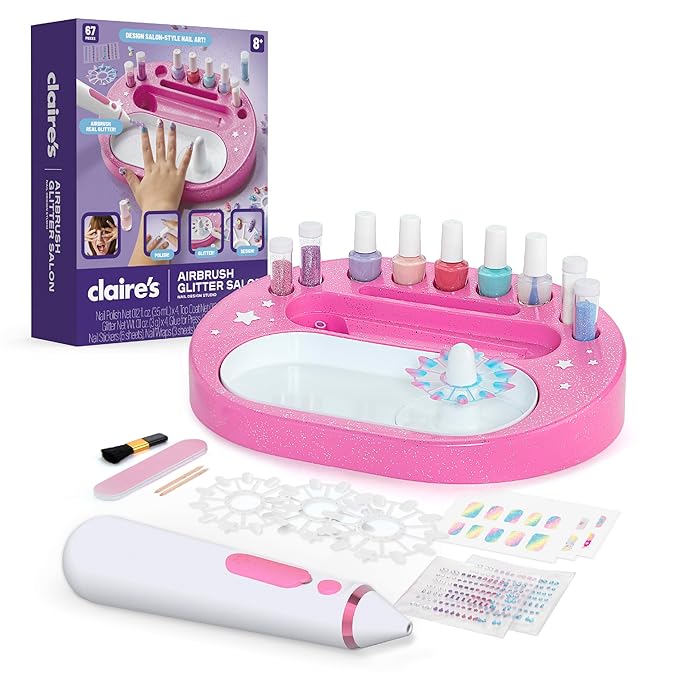 Claire's Kids Nail Art Kit, 67-Piece Airbrush Glitter Salon Nail Charms & Accessories Set, Polish, Press-On Nails, Sticker...