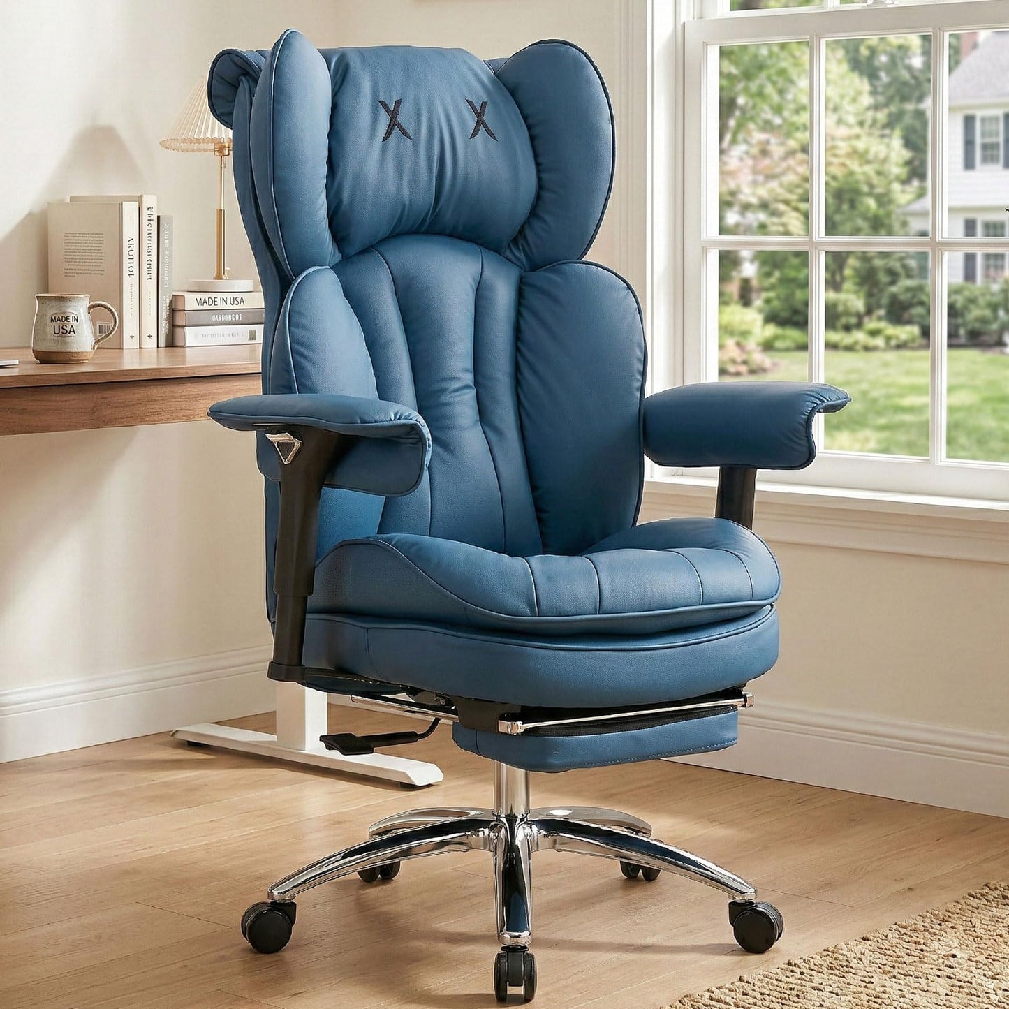 Efomao Big & Tall Executive Office Chair with Footrest - 400lbs Heavy Duty High Back PU Leather Desk Chair, Modern Ergonomic Reclining Computer Chair, Blue