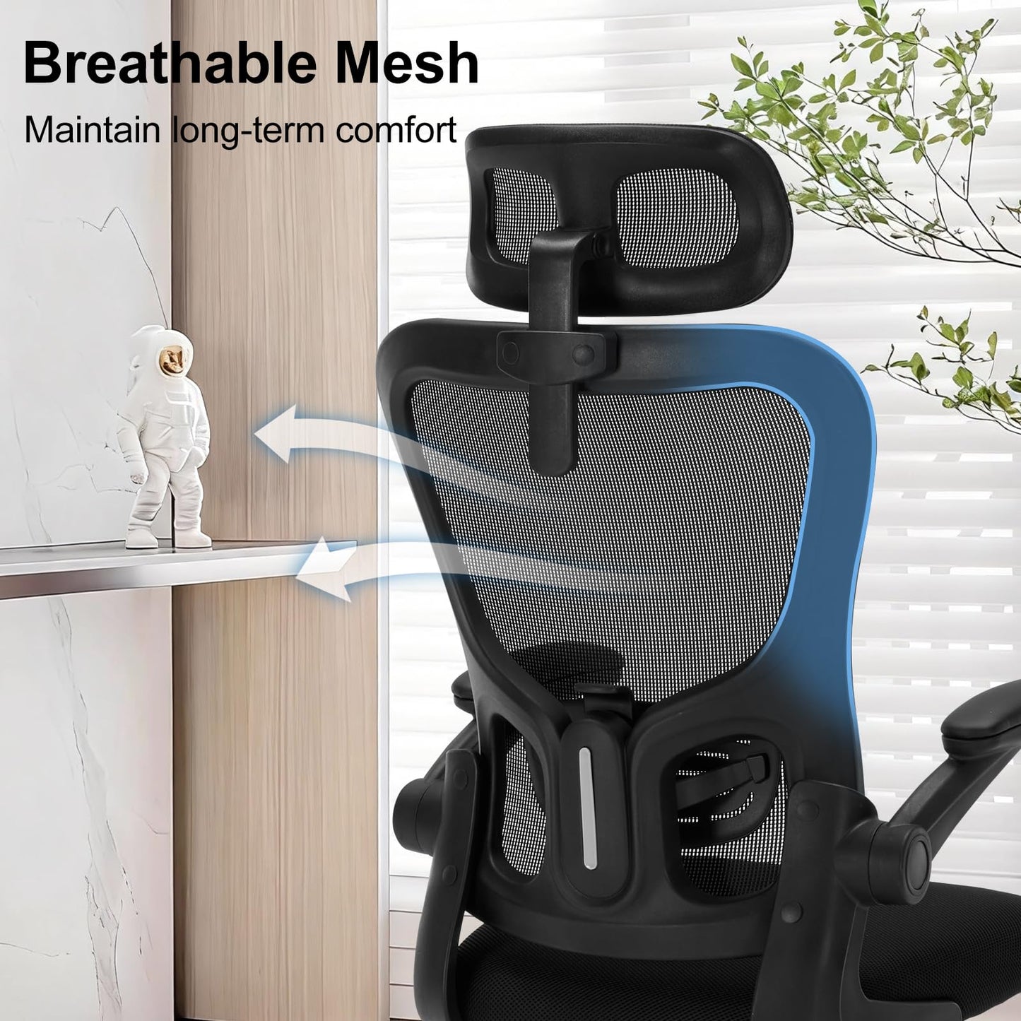 Office Chair Ergonomic Desk Chair High Back Mesh Computer Chair with Adjustable Lumbar Support & Headrest, Flip-Up Armrests, 300lbs Capacity 360 Swivel Chair for Home Office, Black