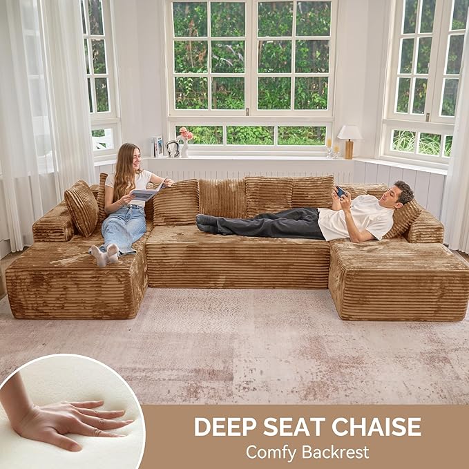 131'' U Shaped Sectional Cloud Couches with Chaise Lounge, No Assembly Required Deep Seat Modular Boneless Sofa for Living Room 3PCS, Bedroom(Camel)