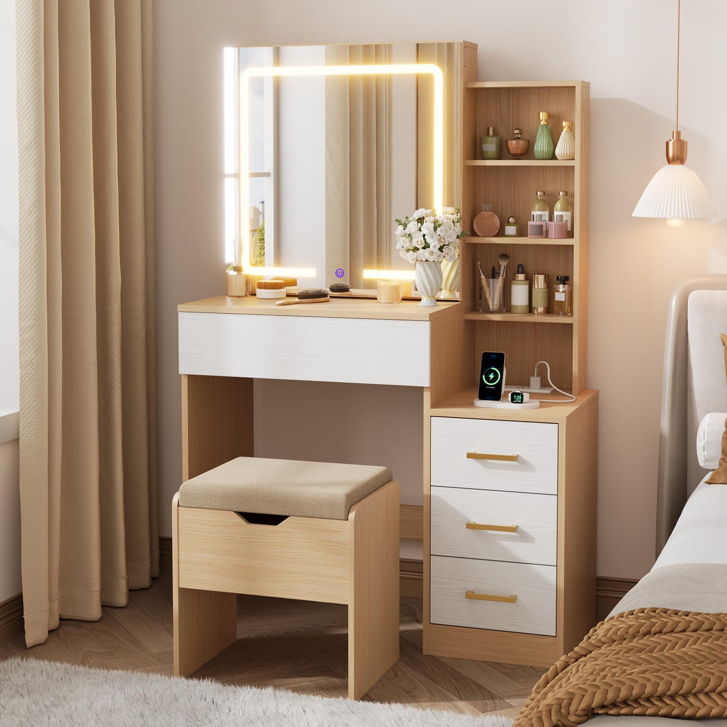Senfot Nature Vanity Desk With Sliding Mirror and Lights, Modern Makeup Vanity Table With 4 Drawers and 7 Storage Shelves, Dressing Table With Stool and Charging Station, 3 Lighting Modes, for Bedroom