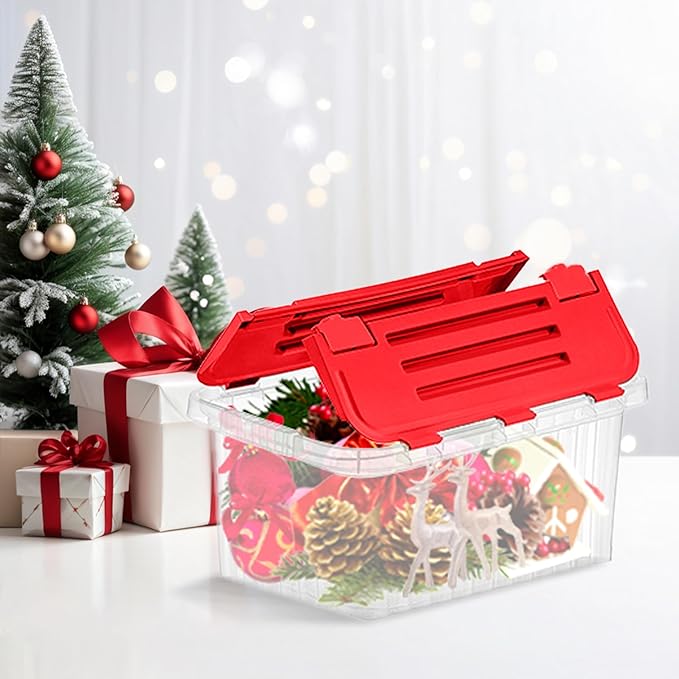 Superio Christmas Storage Box with Red Hinged Lids, Plastic Container Bins for Organizing with Attached Lid, Stackable Crates, BPA Free, Organizers for Home and Office, 35 Quart (20.25"x14"x10.5")