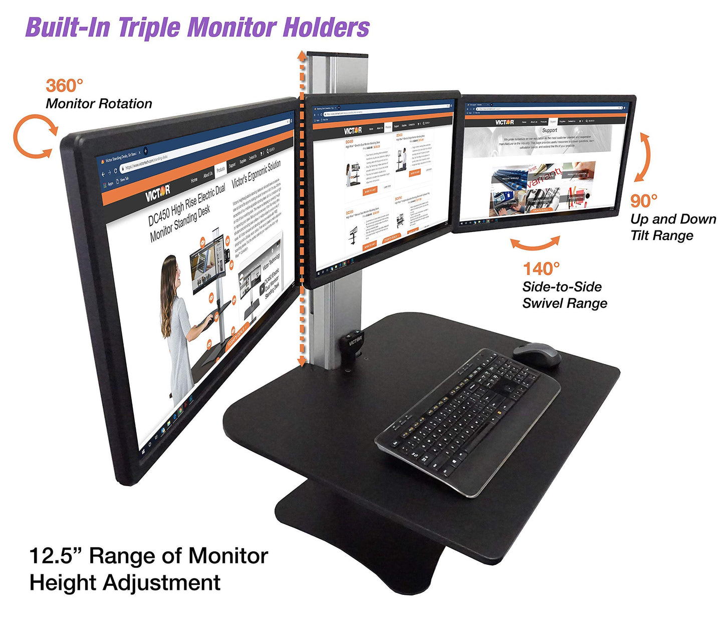Victor DC475 High Rise Electric Triple Monitor Standing Desk Converter | Three Large Monitor Sit-Stand Desk | 28” Wide Work Surface | Compatible with Any Standard Desk | Adjustable Monitor Holder