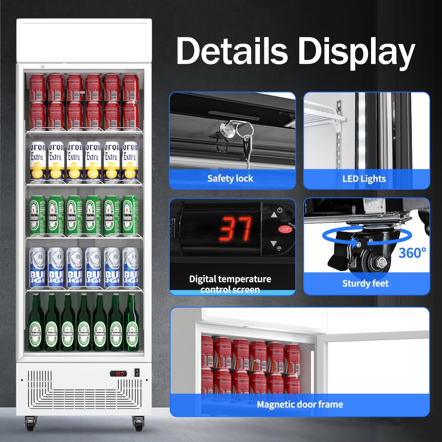 BINGERMA Commercial Beverage Refrigerator 15 Cu.ft. with Glass Door Display Merchandiser Fridge ETL Drink Cooler for Bars,Restaurants, Convenience Stores, Supermarkets and Offices White