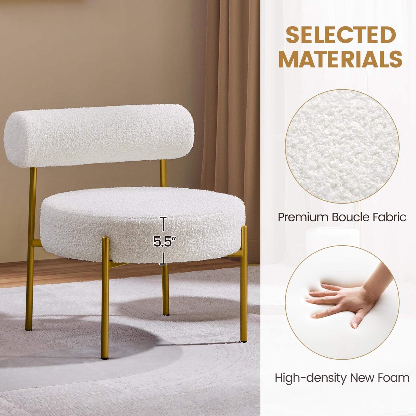 Topeakmart Modern Vanity Chair, Boucle Fabric Accent Chair with Gold Metal Legs for Living Room Makeup Room, White