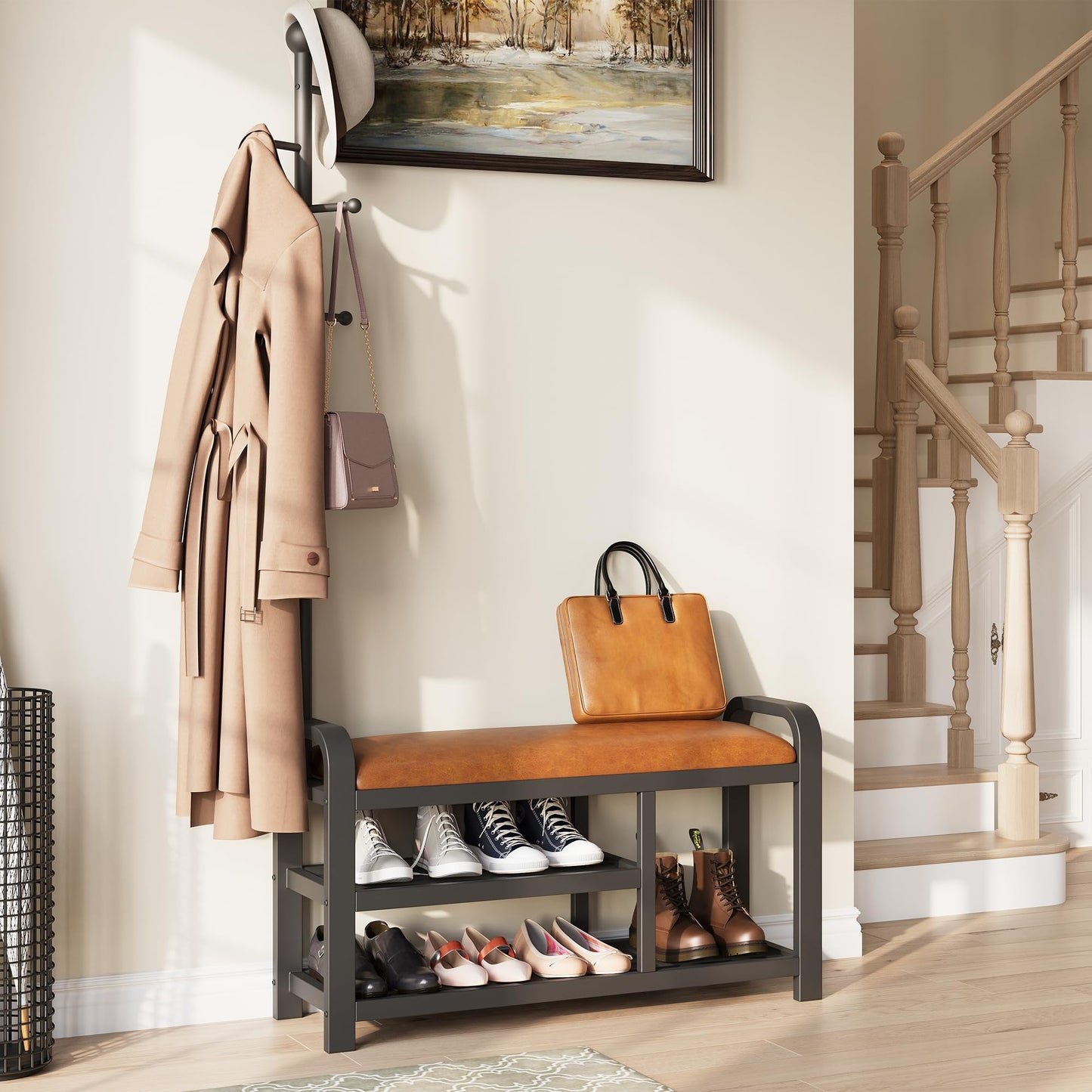 IRONCK 35" Hall Tree, Shoe and Coat Rack with Bench, 3-in-1, 2 Tier Shelves, 5 Hooks, Coat Rack with Shoe Storage for Entryway, Hallway, Rustic Brown