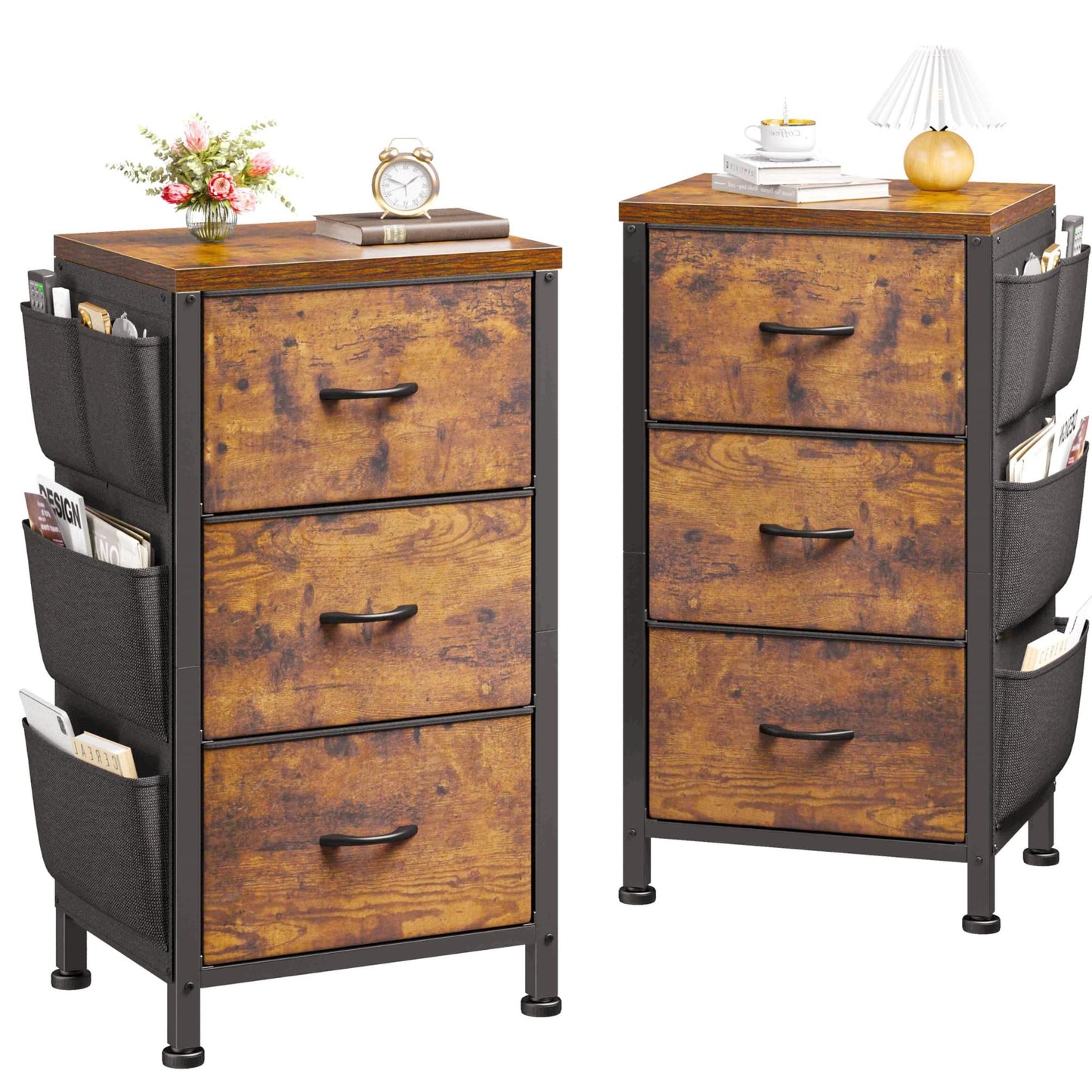 Night Stand Set 2, Night Stand with Drawers for Bedroom, Bedside Table with Wooden Top, Sturdy Steel Frame End Table, Dorm Nightstand for Bedroom, Entryway, Hallway, Cloth Bags, Hooks, Rustic Brown