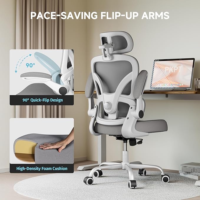 PKPT Ergonomic Office Chair, 330LBS Desk Chair with 3-Level Lumbar Support & Headrest, Breathable Mesh Backrest, Flip-Up Armrests for Home Office and Gaming, White and Gray