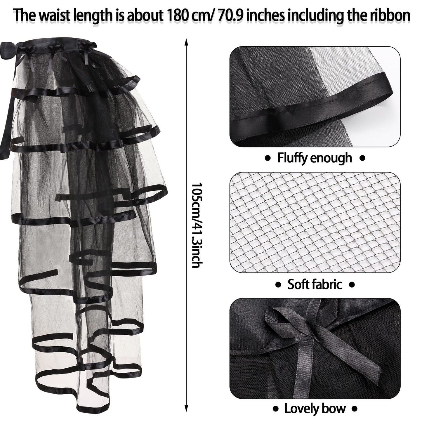 Steampunk Tie on Bustle Skirt Victorian Belt Lace Tutu Underskirt Bustle Halloween Costume Accessory for Women (Black)