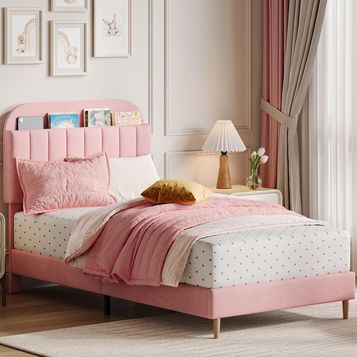 GarveeHome Twin Bed Frame with Storage Headboard, Velvet Upholstered Platform Bedframe for Kids, Girl Bed, Strong Wooden Slats, Noise-Free, Easy Assembly, No Box Spring Needed, Light Pink