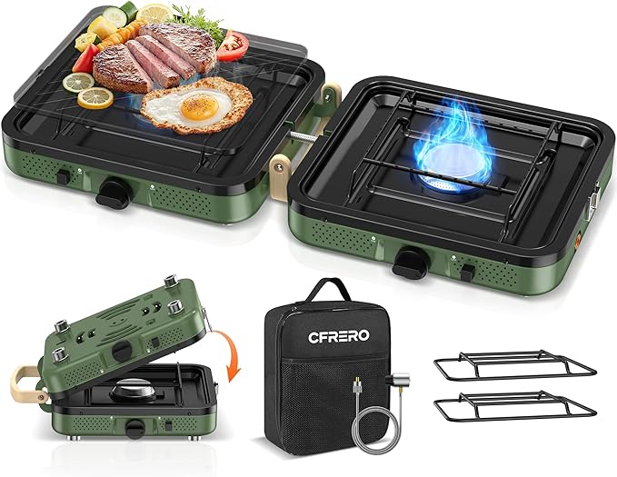 Propane 2-Burner Foldable Camping Stove with Carry Bag, Portable Propane Camp Stoves with Adjustable Burners & Piezo Ignit...