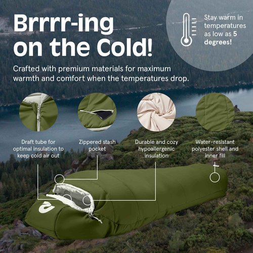 Retrospec Dream 5 Mummy Sleeping Bag for Camping - Insulated Cold Weather, Lightweight, Water-Resistant With Adjustable Draw Cords and Stuff Sack