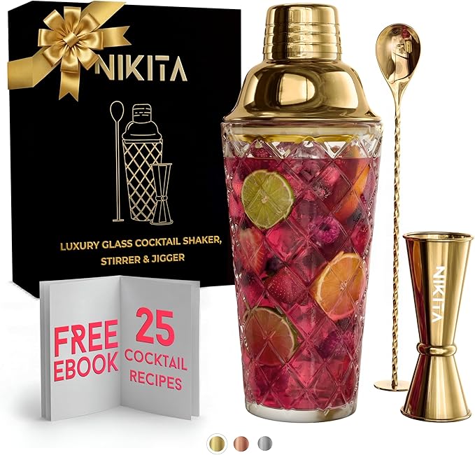 Glass Cocktail Shaker Set - 5 Piece - Gold Martini Shaker Set with Strainer, Jigger, Spoon & Muddler - 16 oz Drink Shakers...