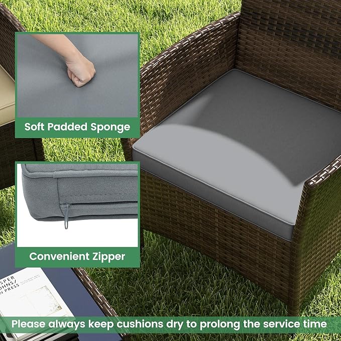 RELAX4LIFE 8-Piece Patio Furniture Set - Rattan Outdoor Conversation Bistro Set w/Cushions, Glass Coffee Table, Wicker Chairs & Loveseat for Garden Backyard Porch, Balcony Furniture Set (2, Grey)
