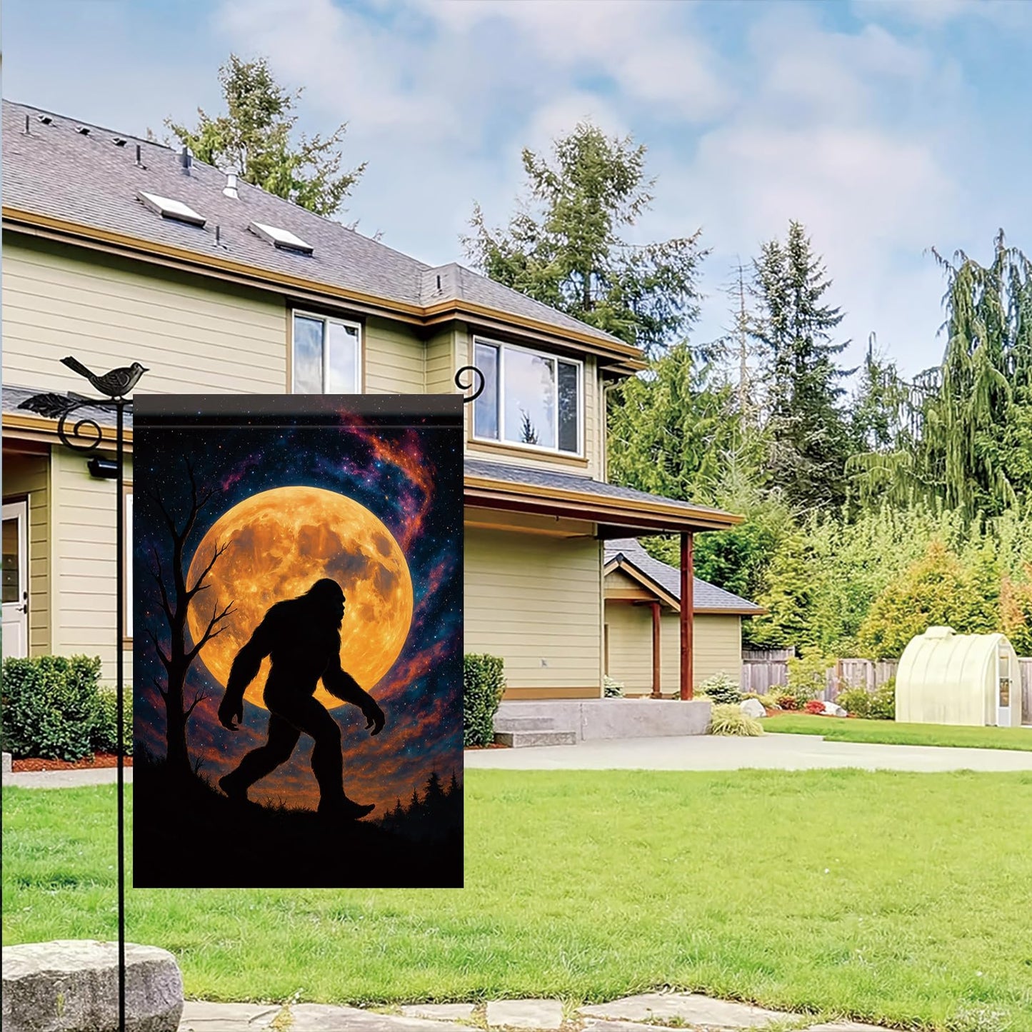 Starlit Patio Halloween Fall Garden Flag Sasquatch Flag 12x18 Inch Double-Sided Full Moon Forest Yard Banner Spooky Outdoor Decor for Porch Lawn Pathway Cryptid Lover Gift