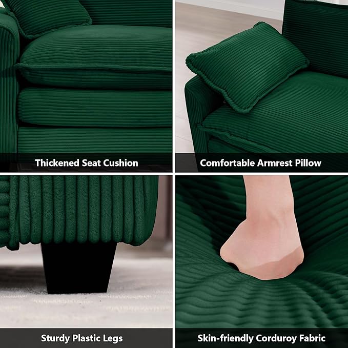 mikibama Luxury 3 Piece Sofa Set, Loveseat Couch & 2 Single Sofa Set, Modern Corduroy Comfy Cloud Couches Set for Living Room Office with 2 Armrest Pillows and 4 Toss Pillows, Green
