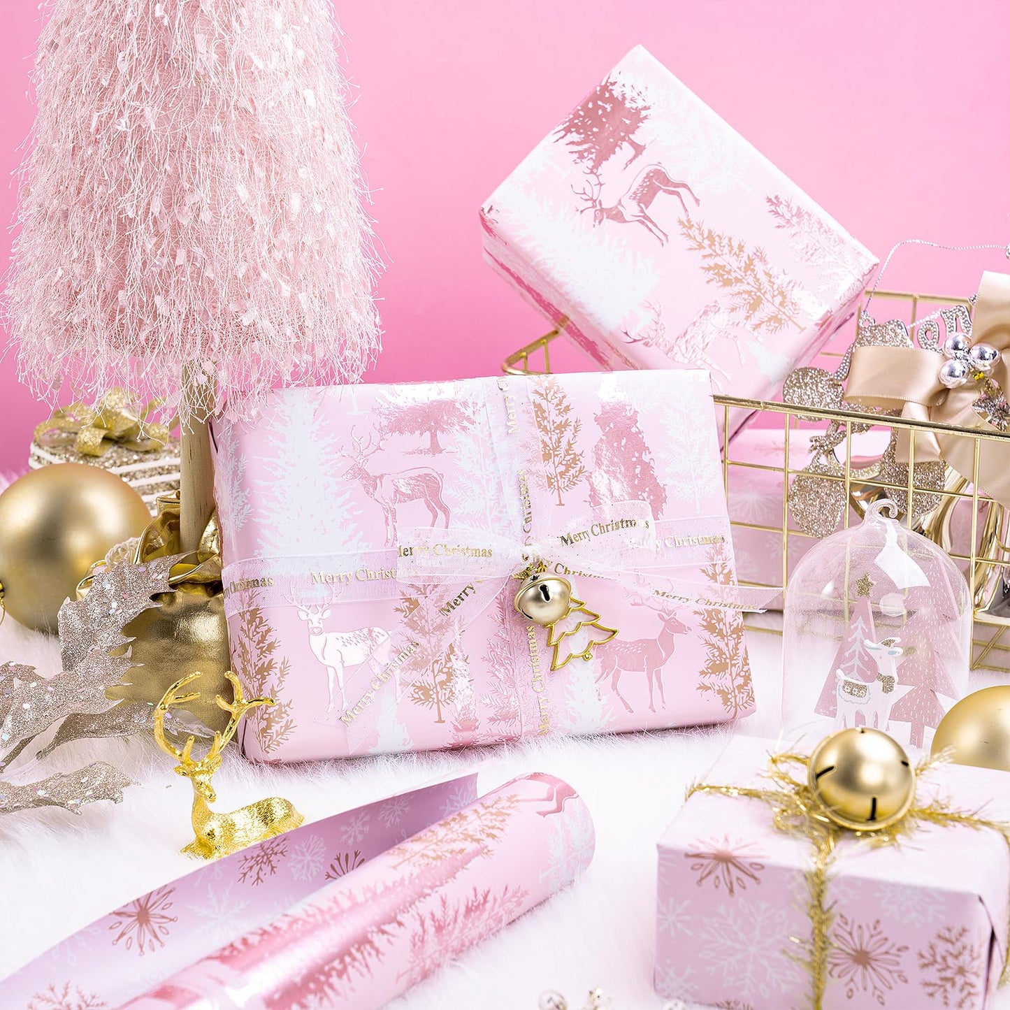RUSPEPA 30" X 32.8' Reversible Christmas Wrapping Paper Large Paper Roll, Jumbo Roll, Rose Gold Foil Pink Reindeer and Tree Design, Snowflakes Gift Wrap for Girls, Women, Friends, Xmas Holiday Gifts