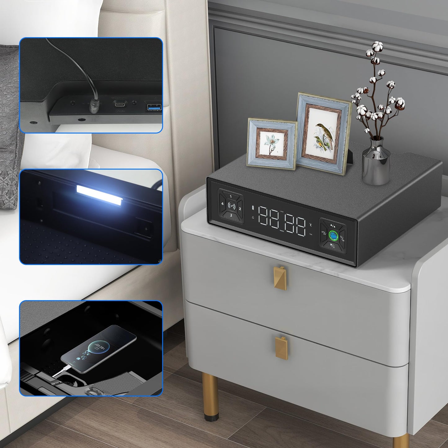Medunor Smart Safety Box, Biometric Gun Safe for Handguns, Portable Security Safe with Fingerprint Lock, RFID Card, Keys, Anti-Theft Steel Cable, for Home & Travel, USB Charging, 2.4L Capacity