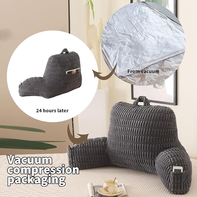 PAJEO Reading Pillow for Sitting in Bed, Large Backrest Reading Pillow with Arm Rest,Back-Rest Support Cushion for Sit Up on Couch, Sofa, and Floor, Dorm Essentials (Grey Corduroy, Large(19"))